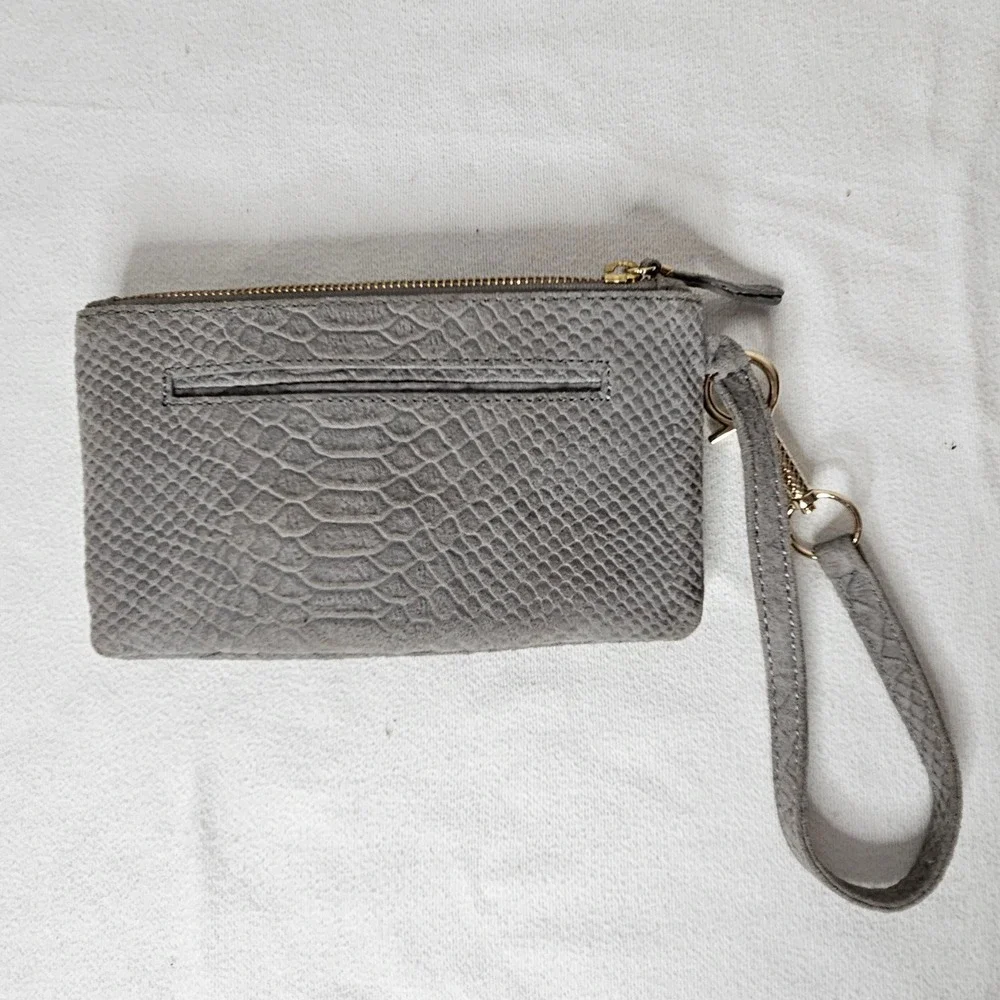 Elliott‎ Lucca Grey Snakeskin Embossed Leather Wristlet Clutch Wood Turn Lock